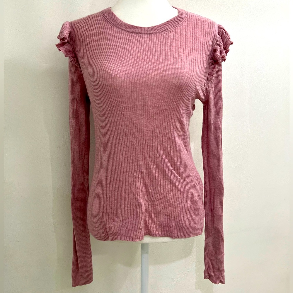 Madewell Blush Pink Crew Neck Long Sleeve Ruffle Top Medium